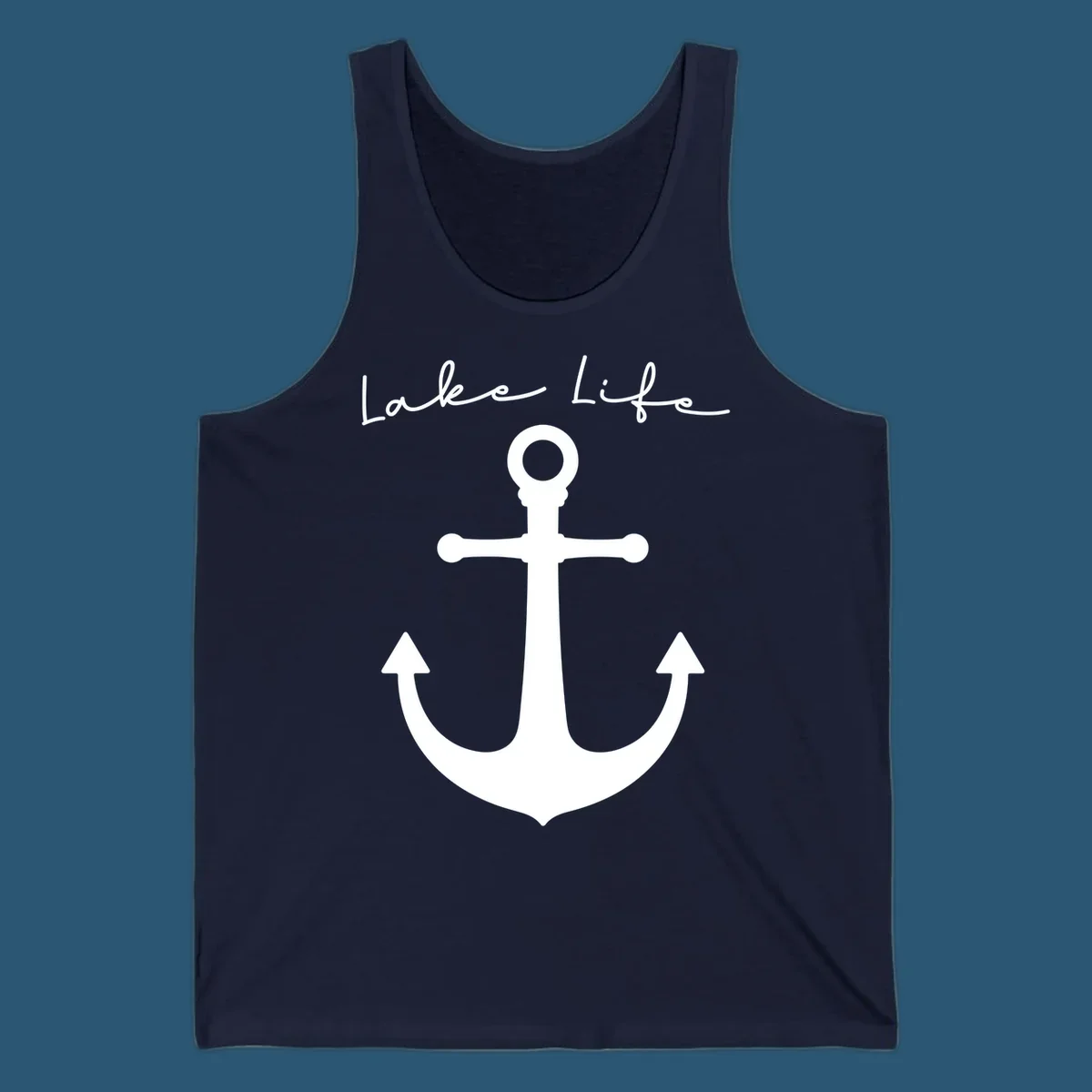 Lake life text with a white anchor graphic.