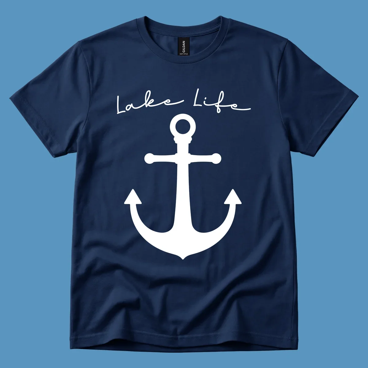 Lake life text with a white anchor graphic.