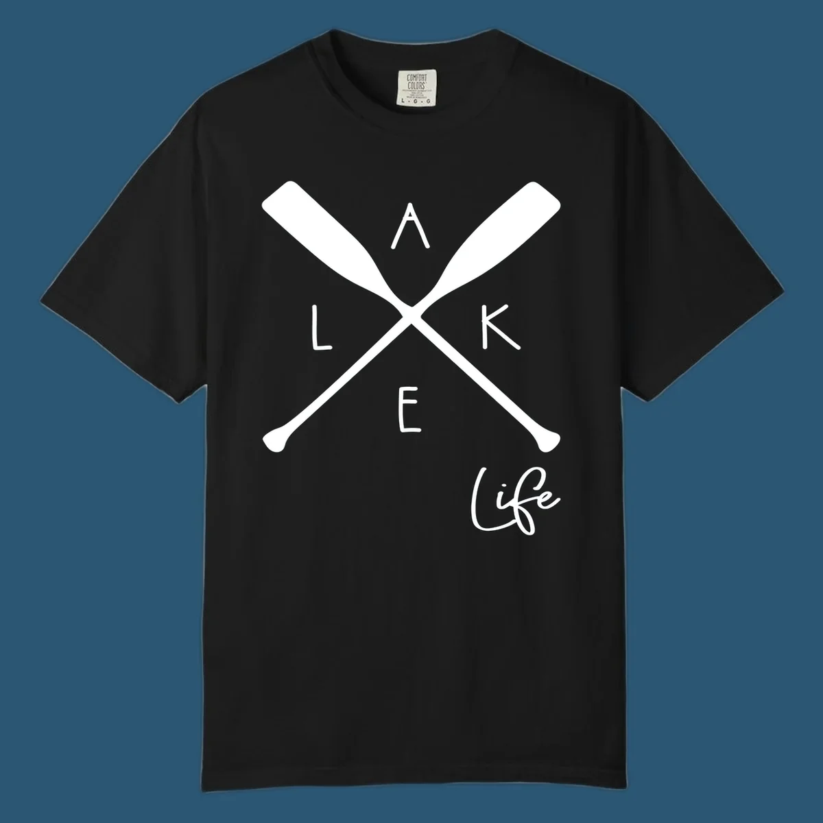 Lake life design with crossed oars and text.