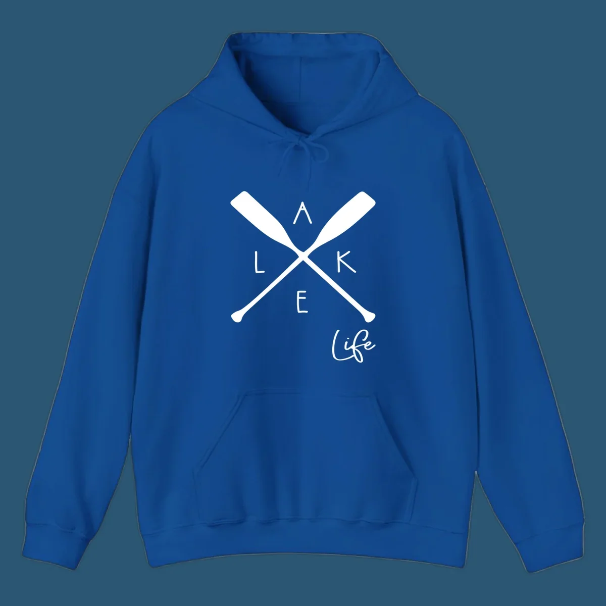 Lake life design with crossed oars and text.