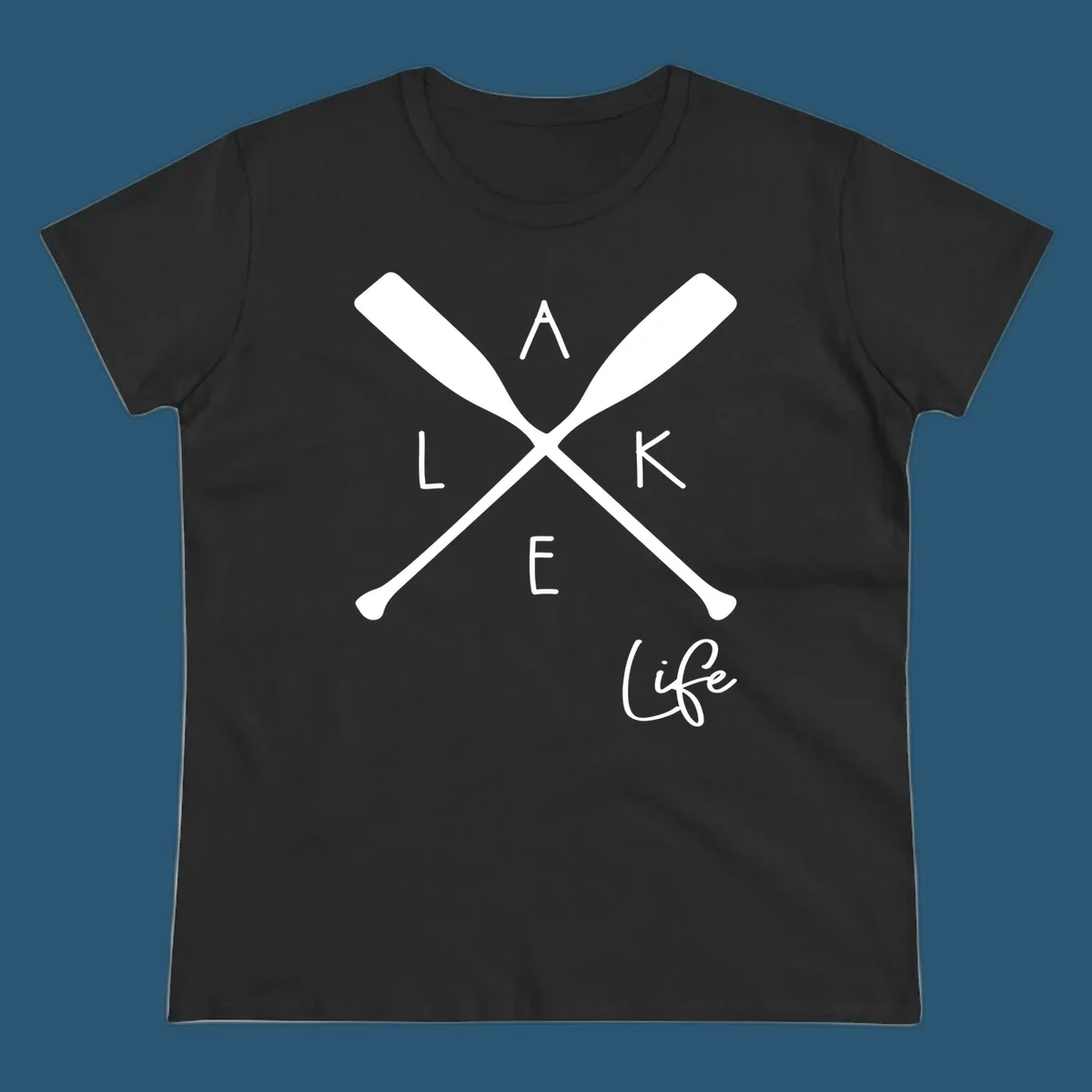 Lake life design with crossed oars and text.