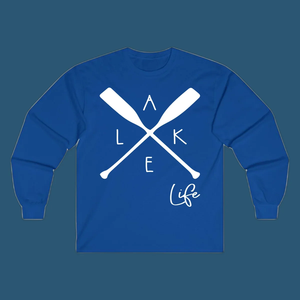 Lake life design with crossed oars and text.
