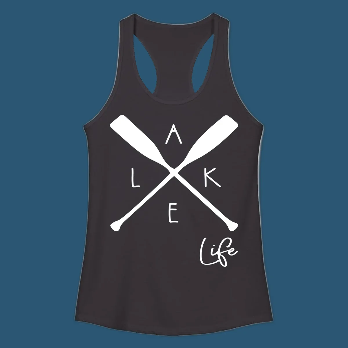 Lake life design with crossed oars and text.