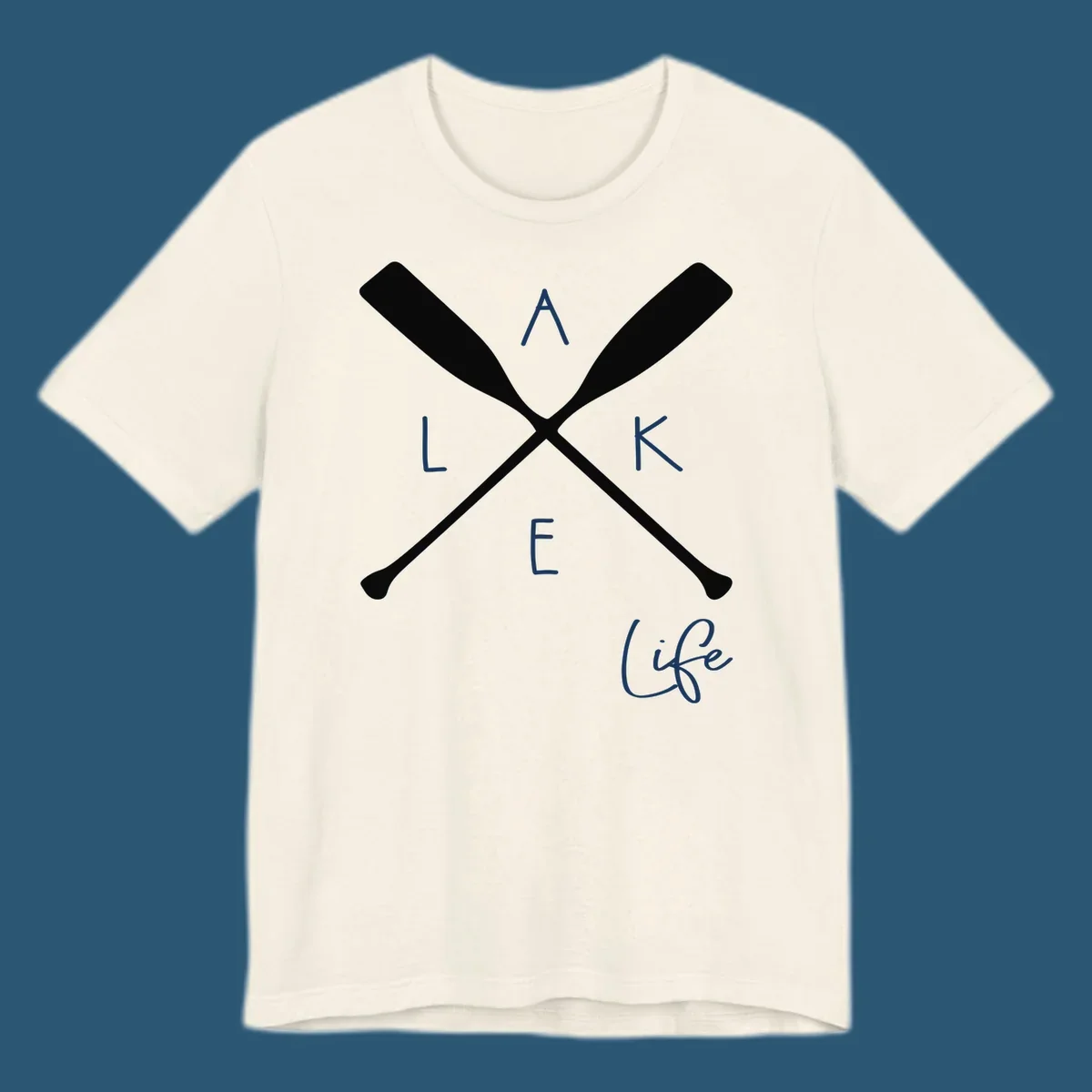 Lake life design with crossed oars and text.