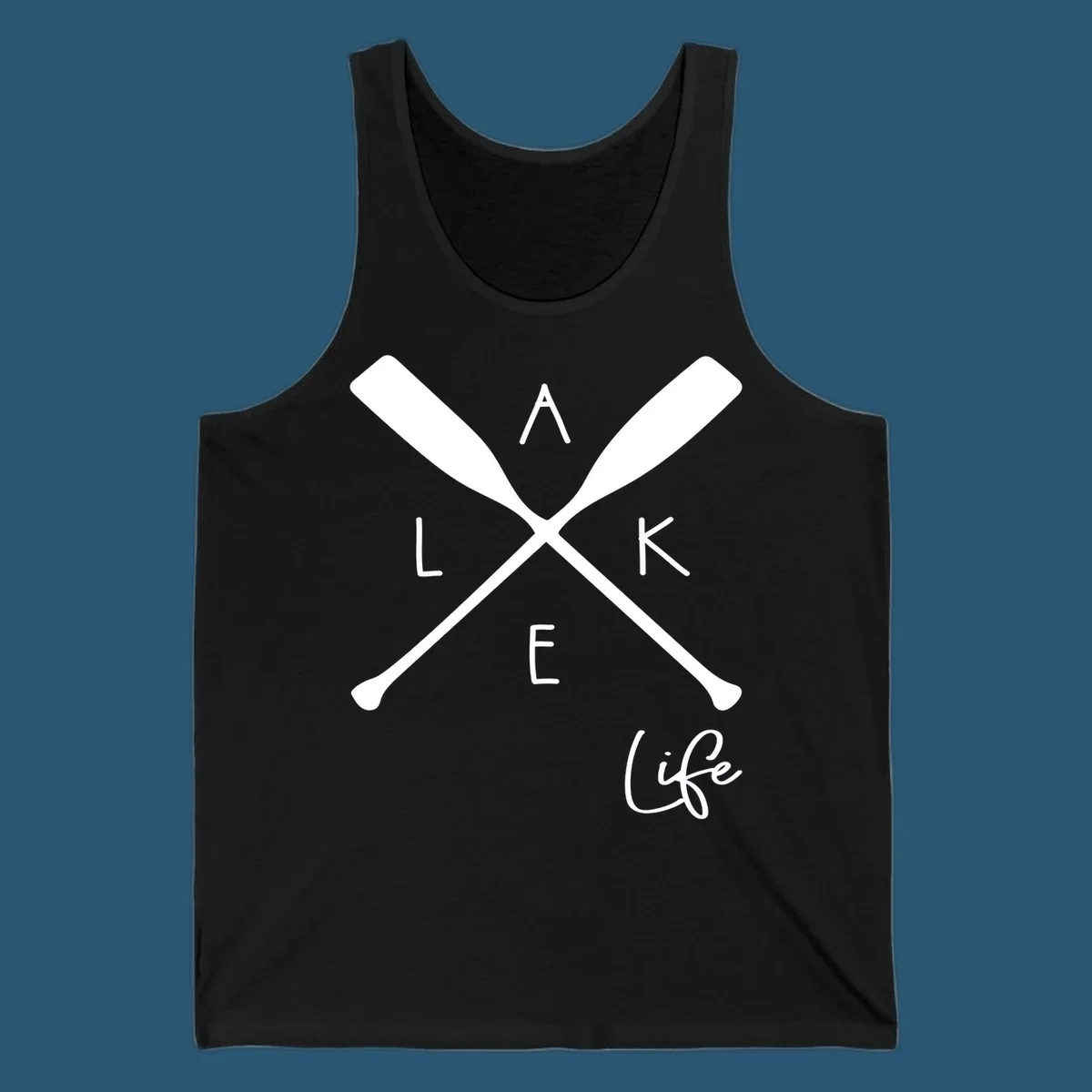 Lake life design with crossed oars and text.