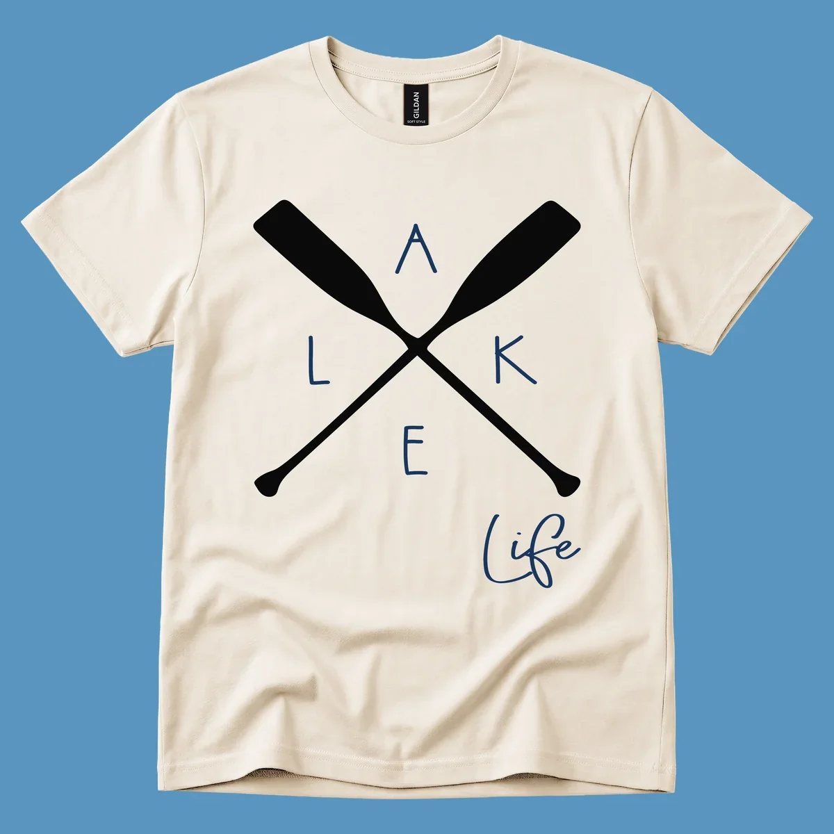 Lake life design with crossed oars and text.