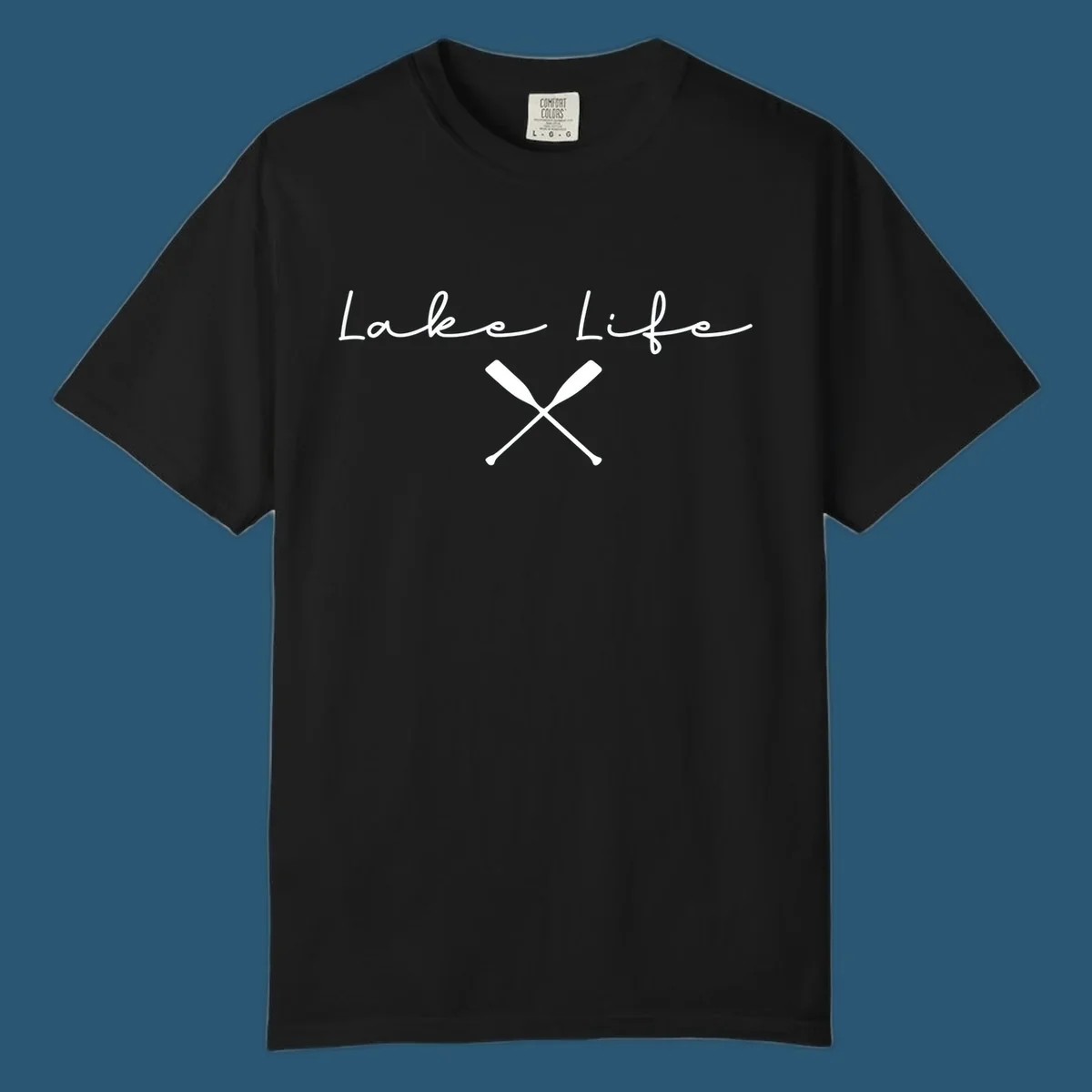 Lake Life text with crossed oars graphic, lake-life-oars.