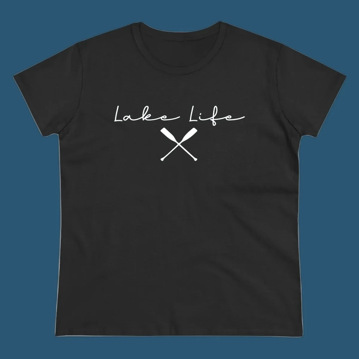 Lake Life text with crossed oars graphic, lake-life-oars.
