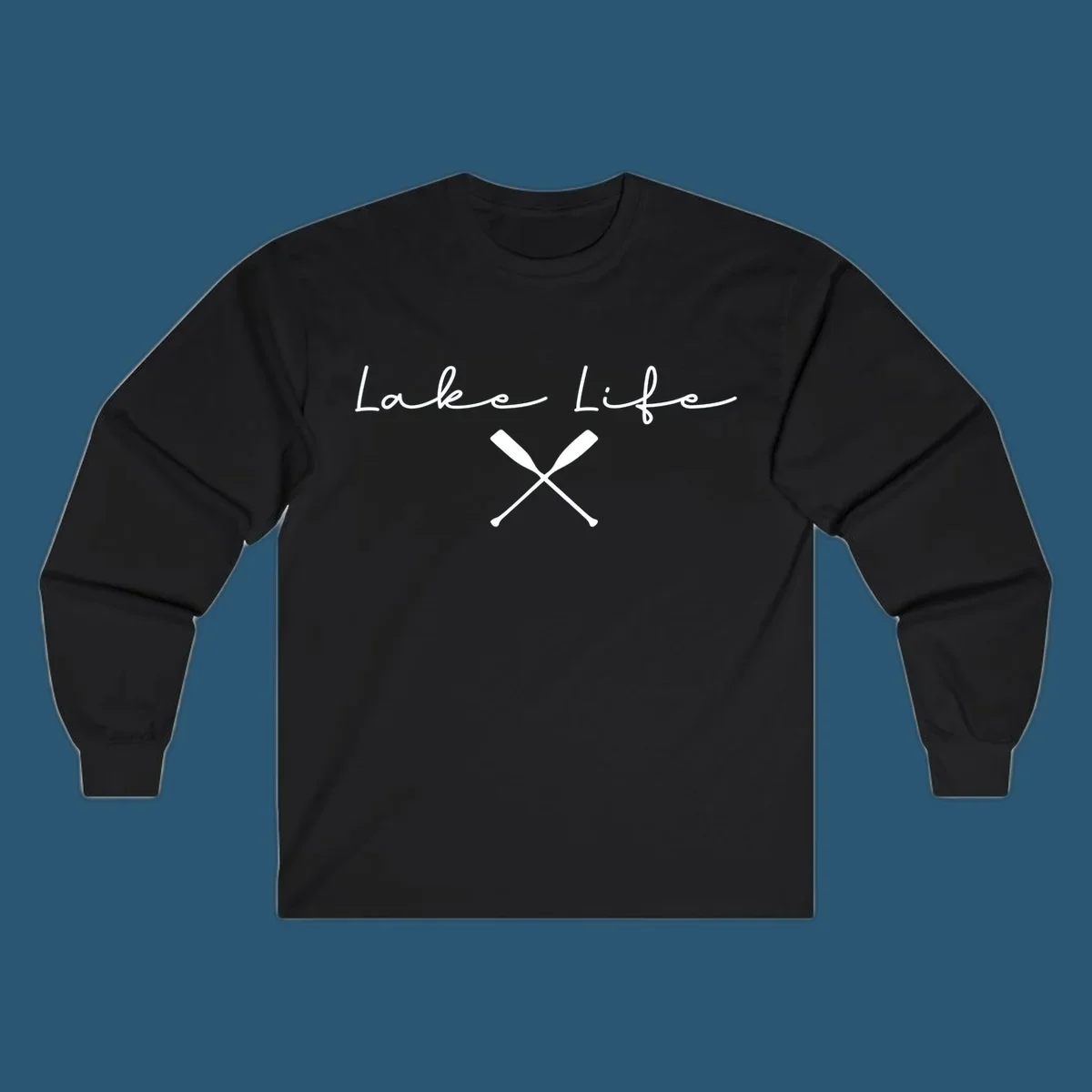 Lake Life text with crossed oars graphic, lake-life-oars.