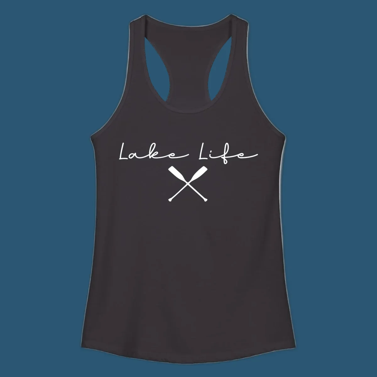 Lake Life text with crossed oars graphic, lake-life-oars.