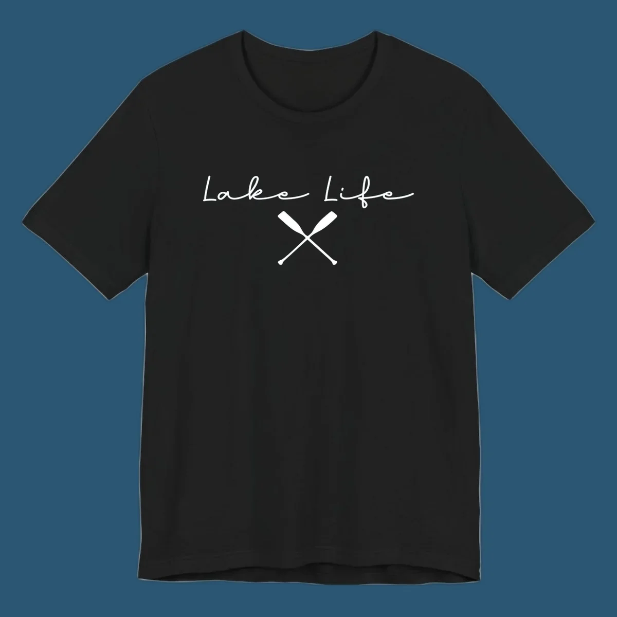 Lake Life text with crossed oars graphic, lake-life-oars.