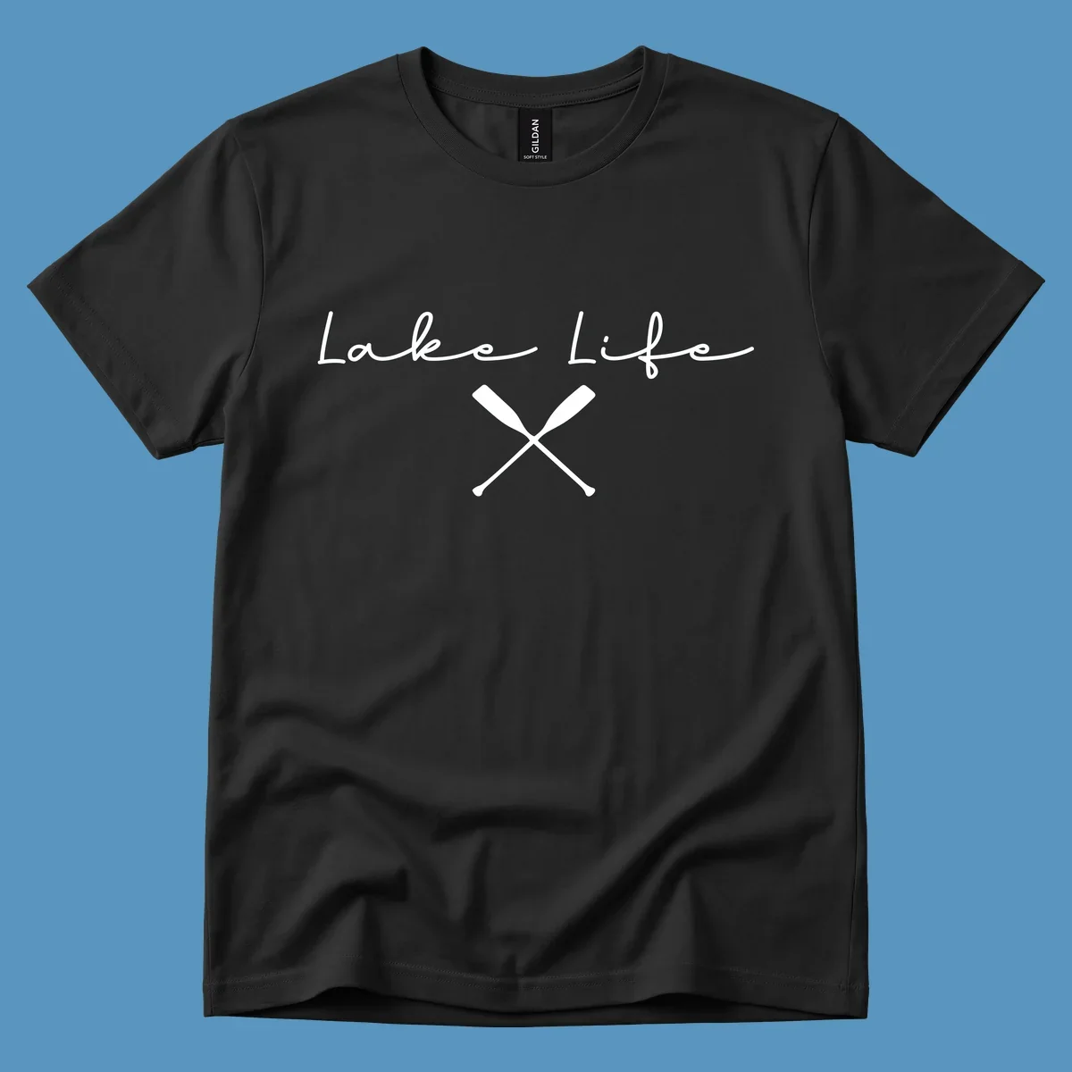 Lake Life text with crossed oars graphic, lake-life-oars.