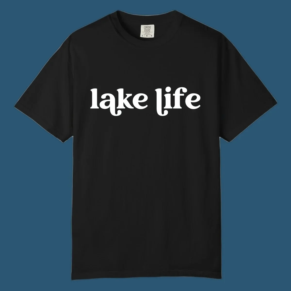 White 'lake life' text on black background and navy text on white background.