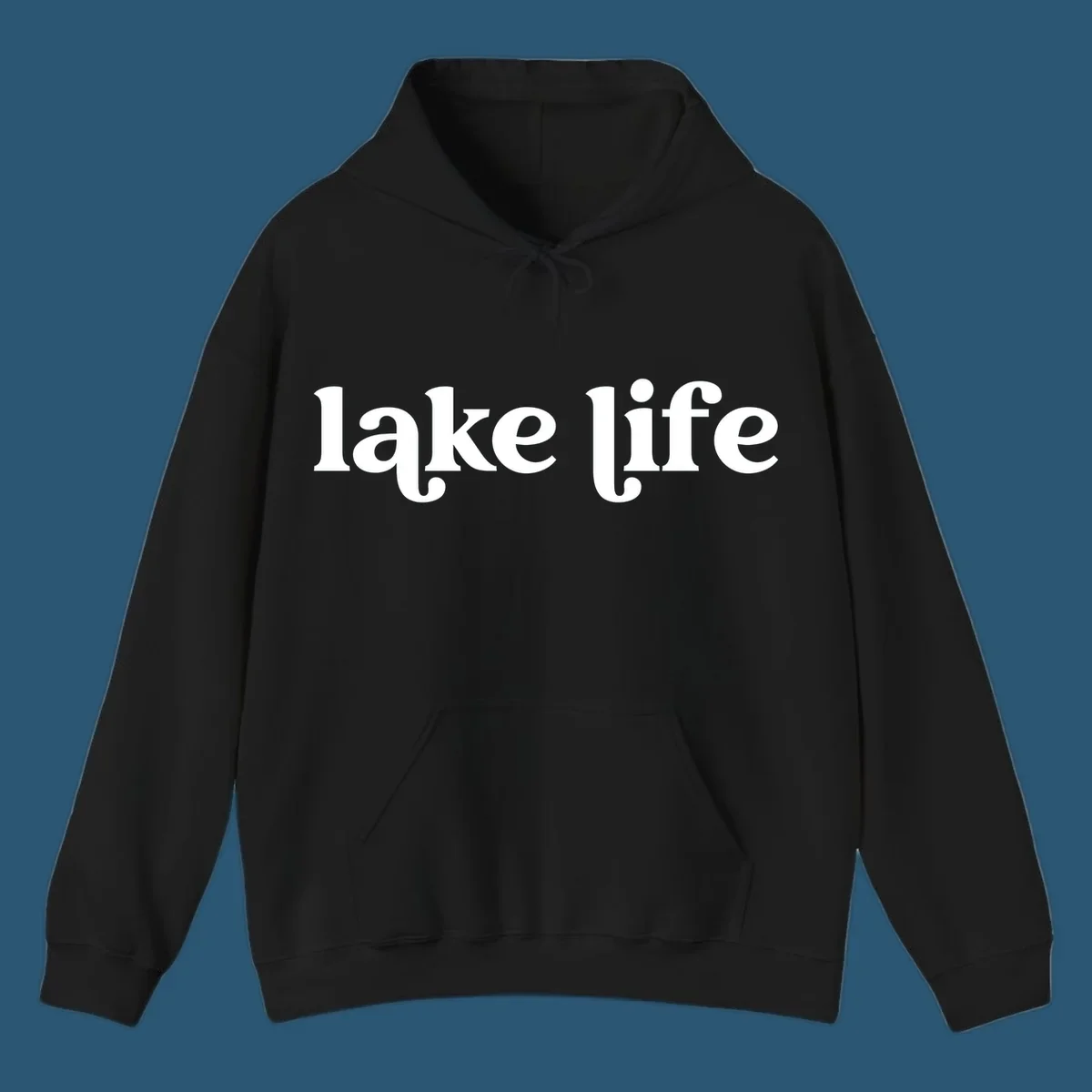 White 'lake life' text on black background and navy text on white background.