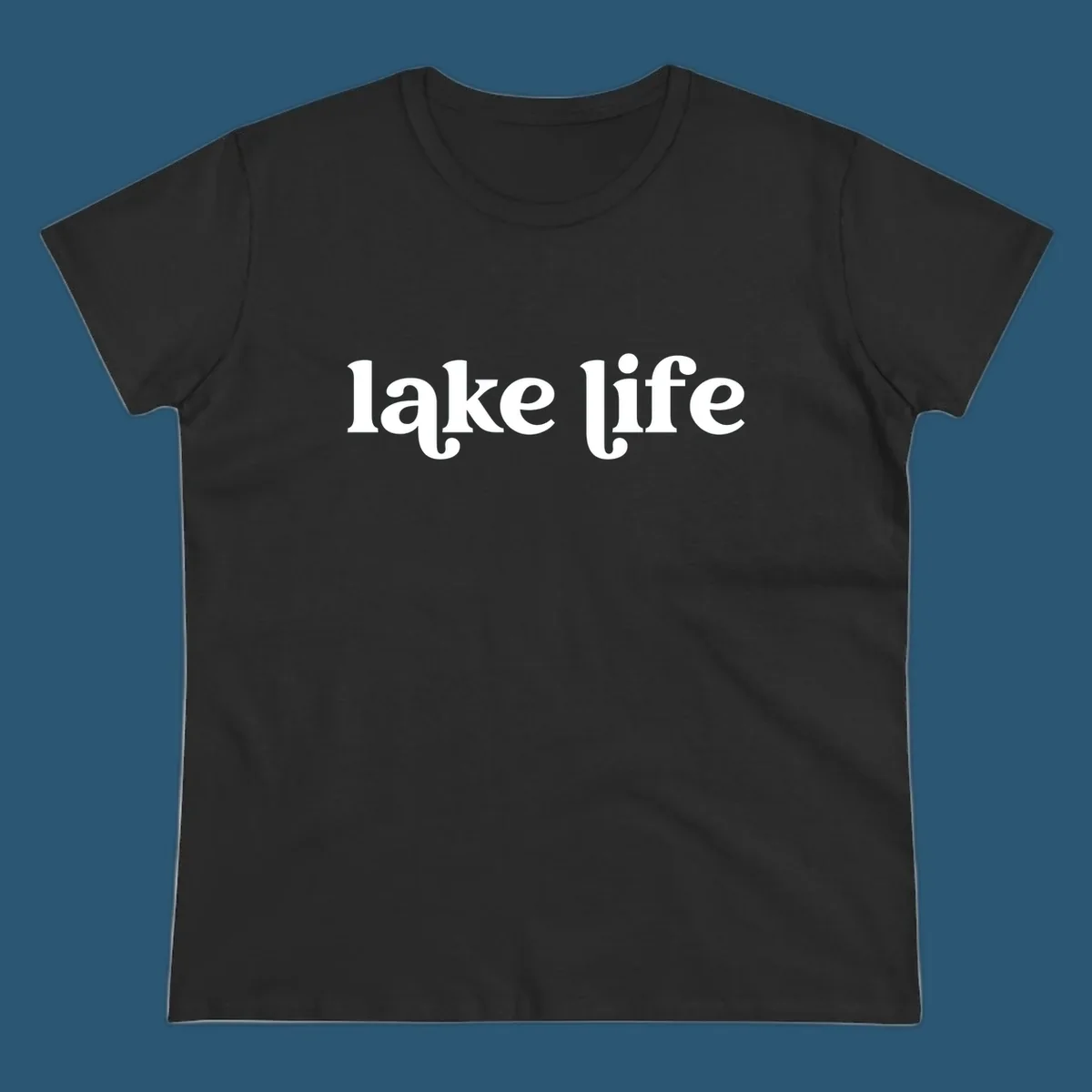 White 'lake life' text on black background and navy text on white background.