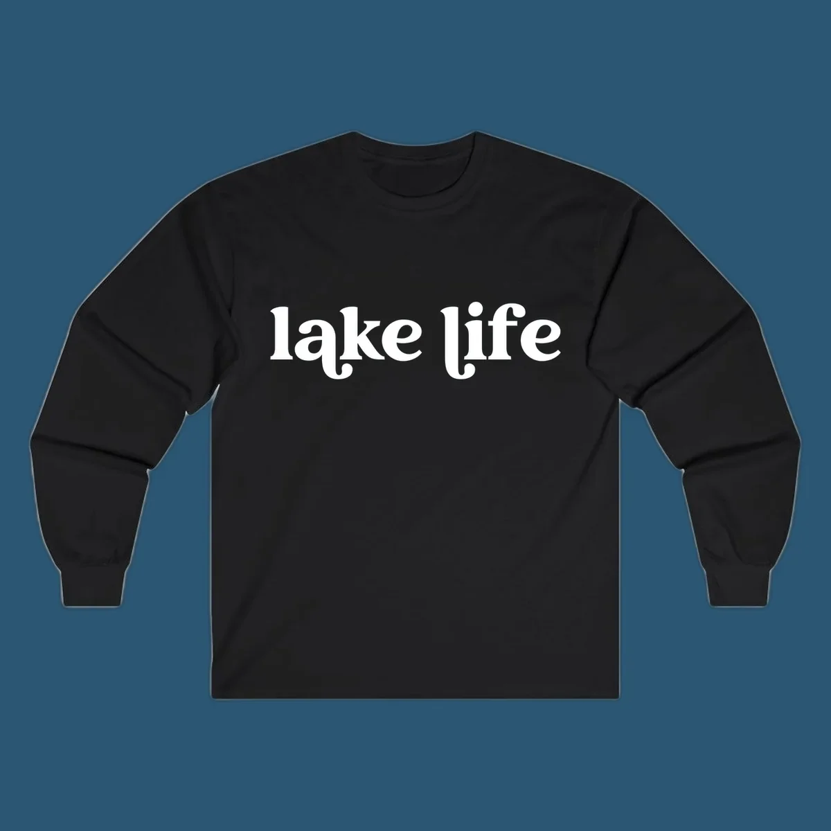 White 'lake life' text on black background and navy text on white background.