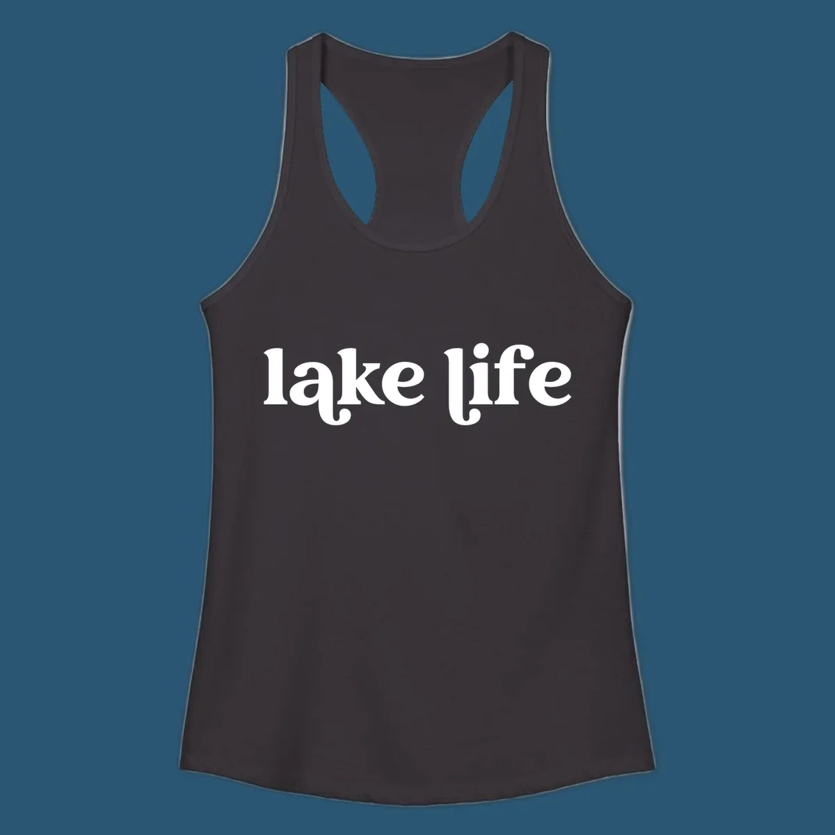 White 'lake life' text on black background and navy text on white background.