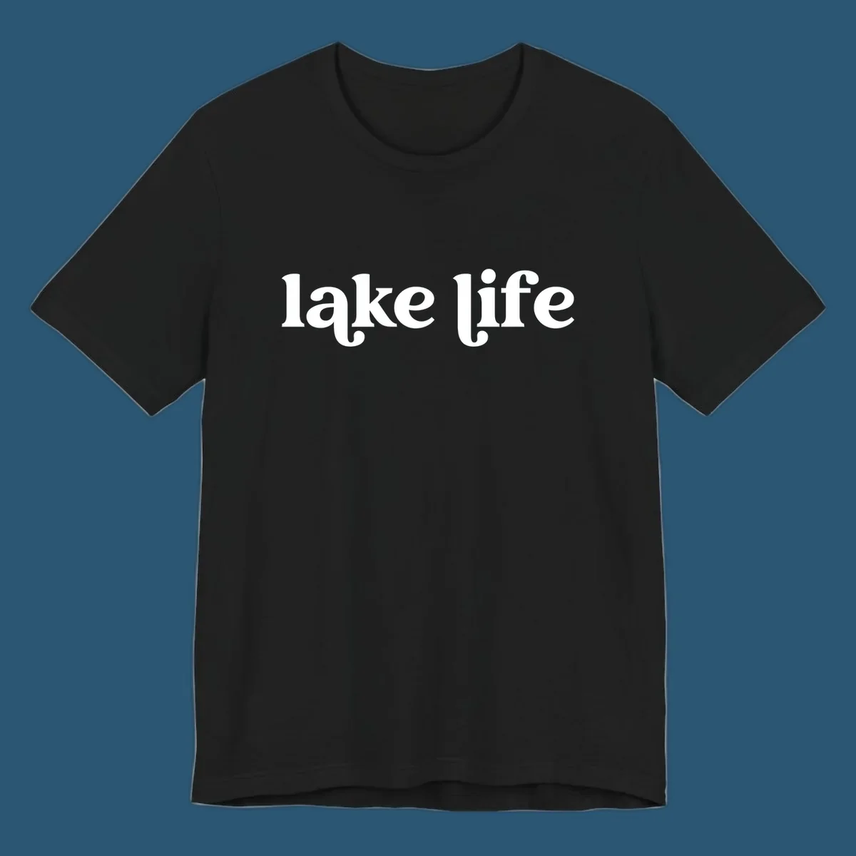 White 'lake life' text on black background and navy text on white background.