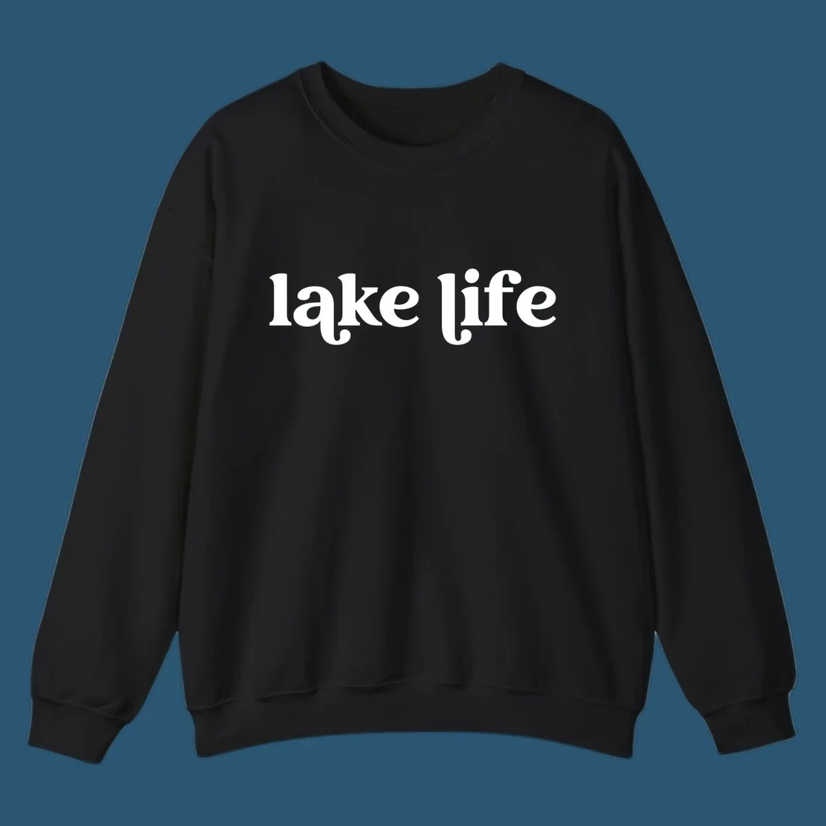 White 'lake life' text on black background and navy text on white background.