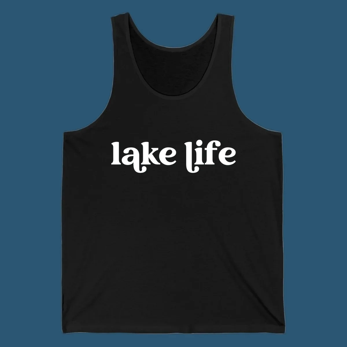 White 'lake life' text on black background and navy text on white background.