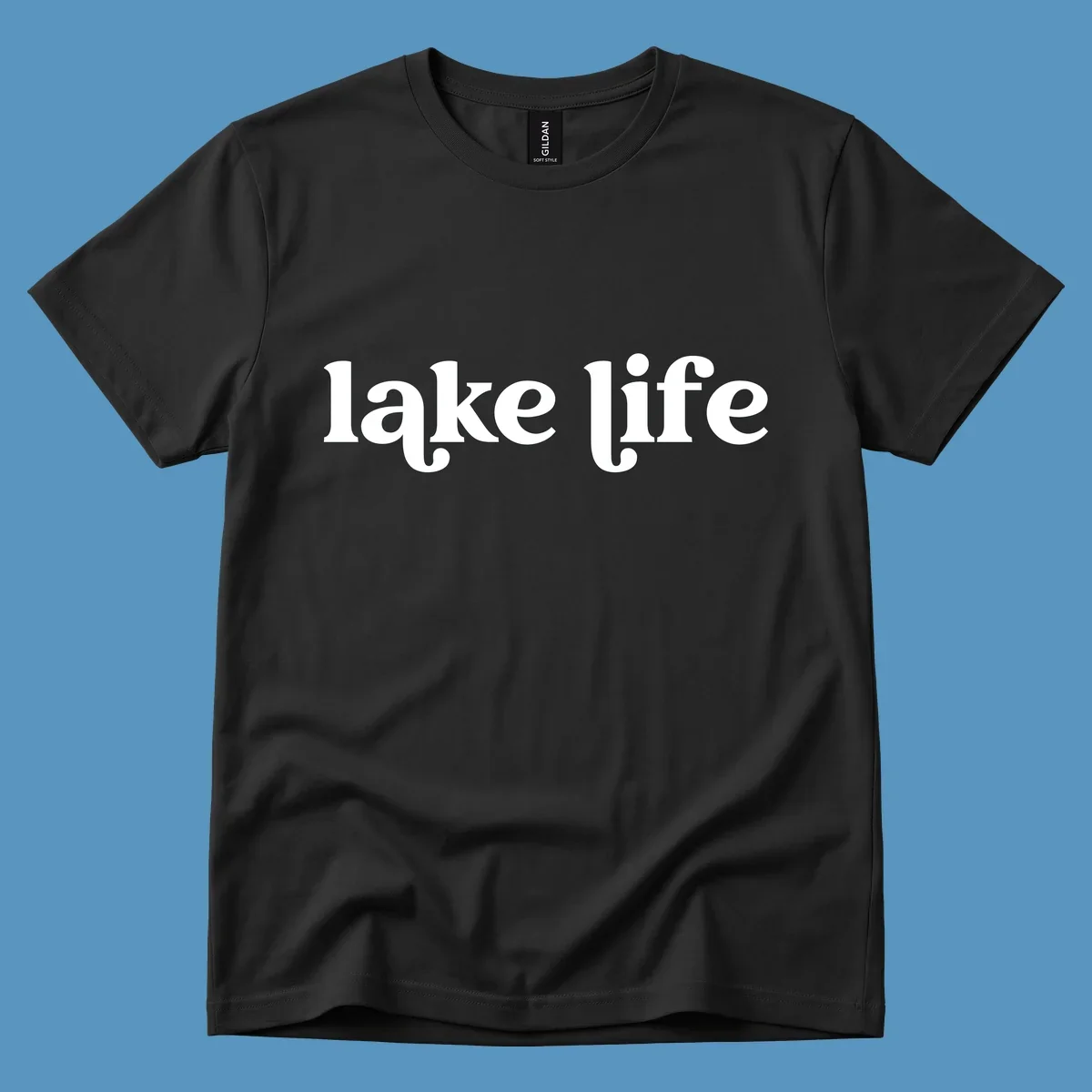 White 'lake life' text on black background and navy text on white background.