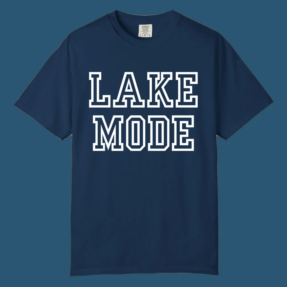Lake Mode text in collegiate font, navy with white outline.