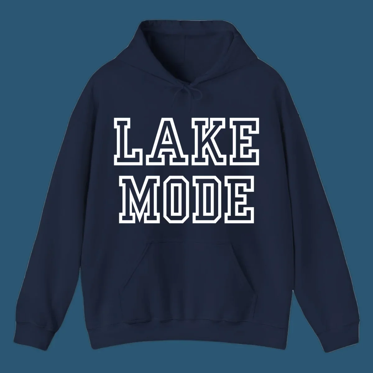 Lake Mode text in collegiate font, navy with white outline.