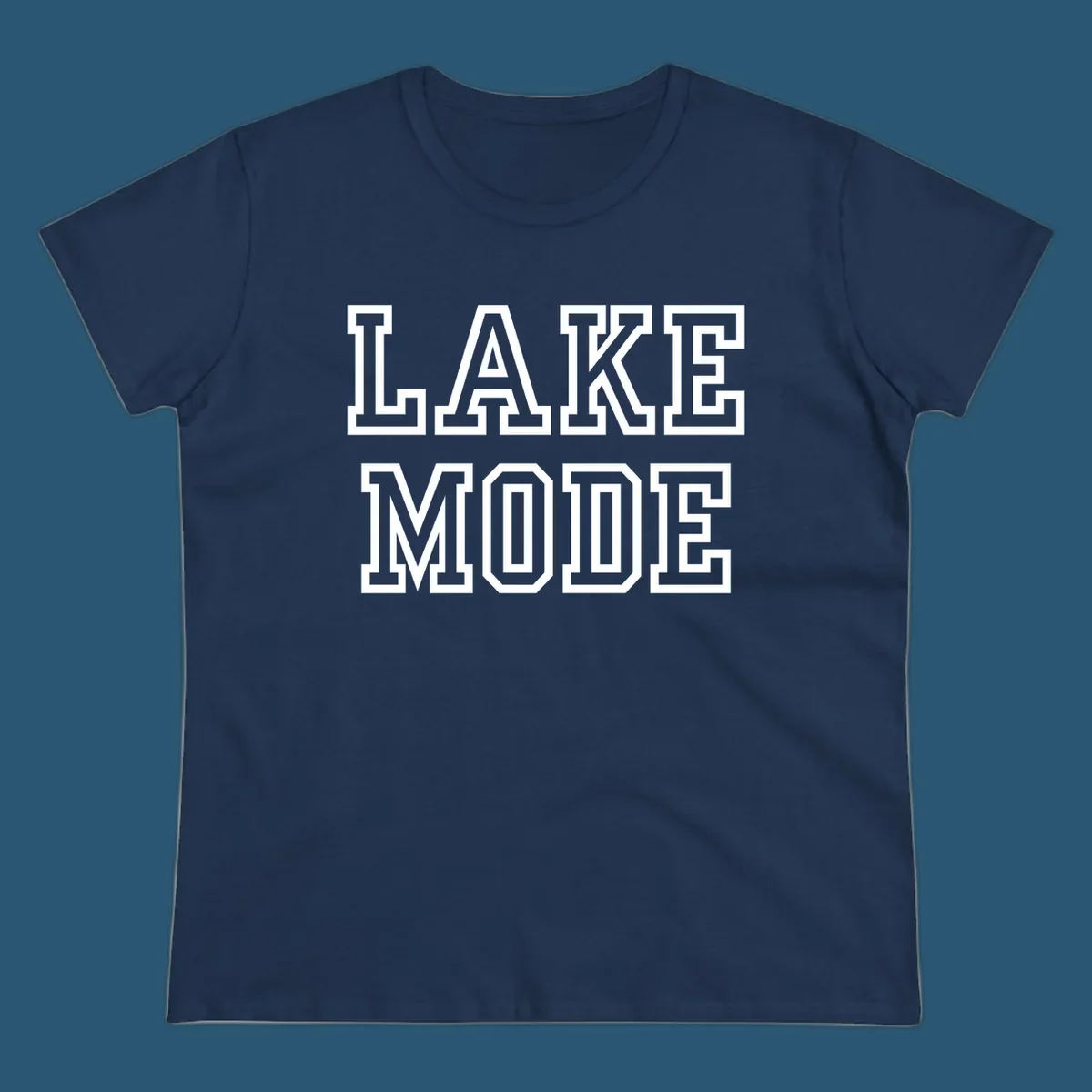 Lake Mode text in collegiate font, navy with white outline.