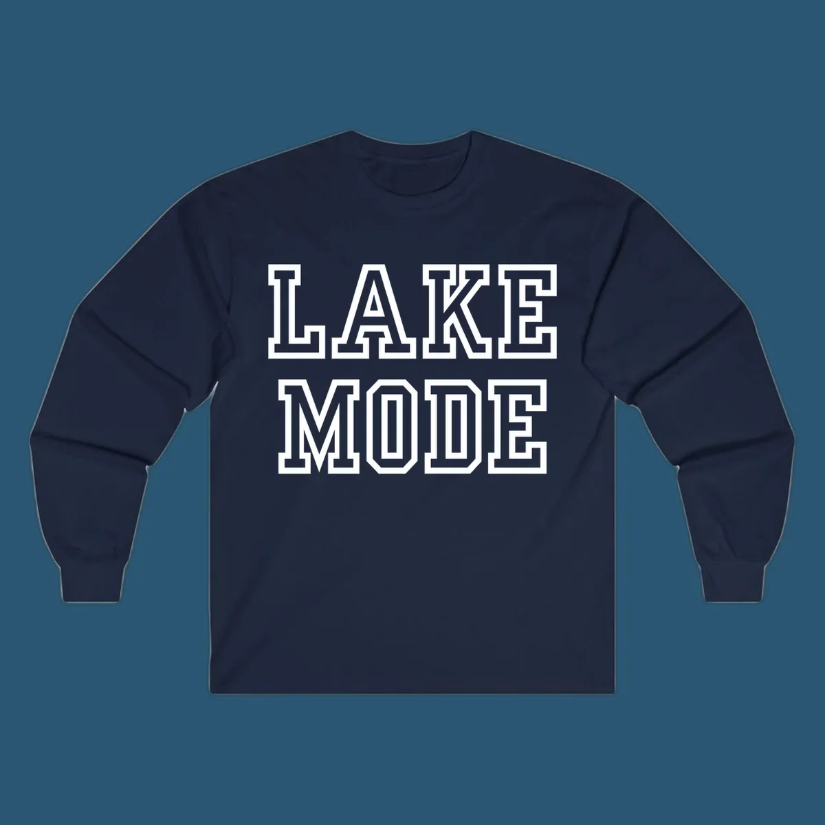 Lake Mode text in collegiate font, navy with white outline.