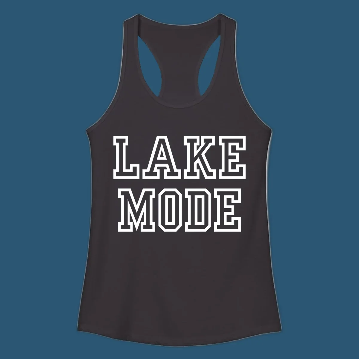 Lake Mode text in collegiate font, navy with white outline.
