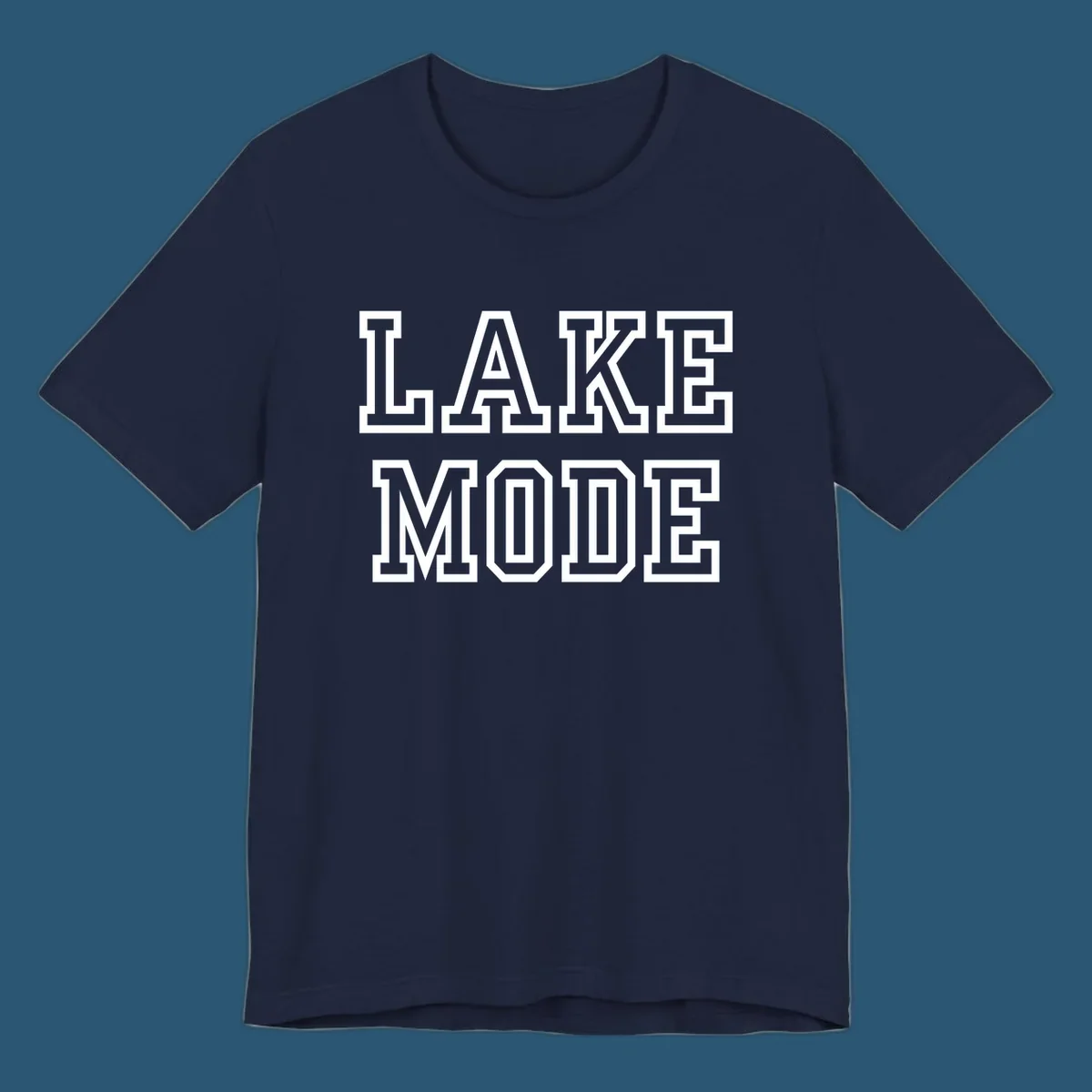 Lake Mode text in collegiate font, navy with white outline.