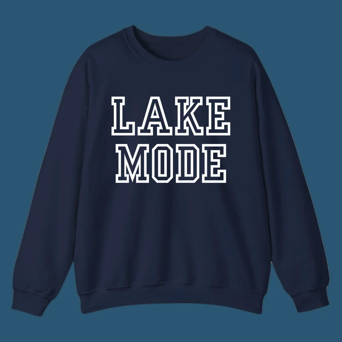Lake Mode text in collegiate font, navy with white outline.