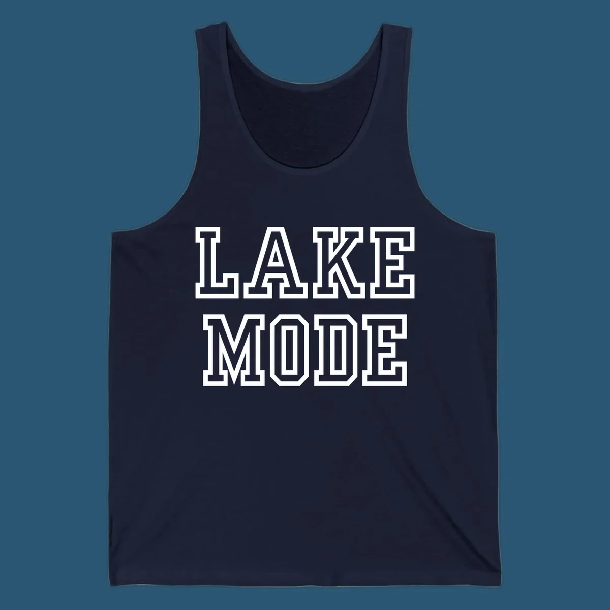 Lake Mode text in collegiate font, navy with white outline.