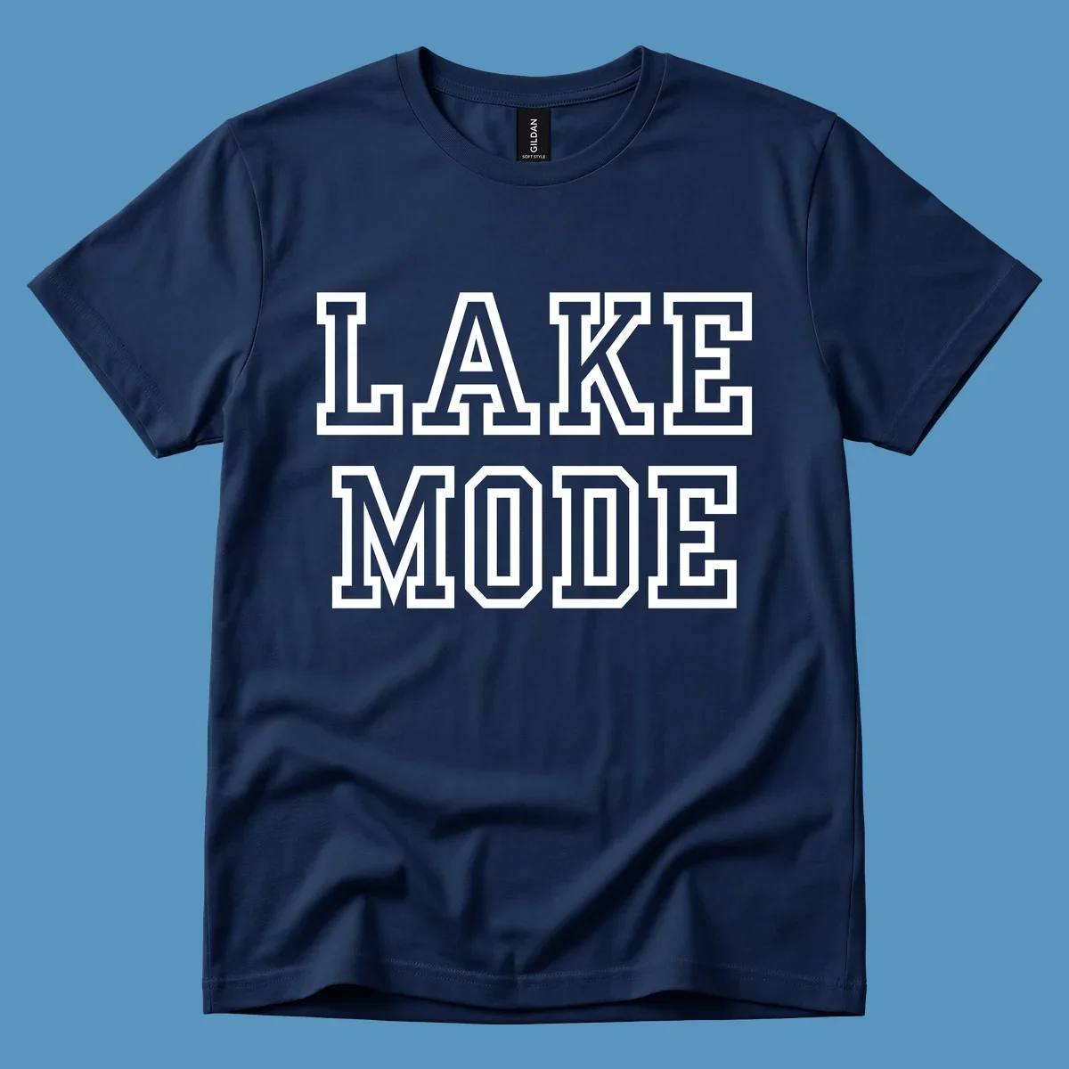 Lake Mode text in collegiate font, navy with white outline.
