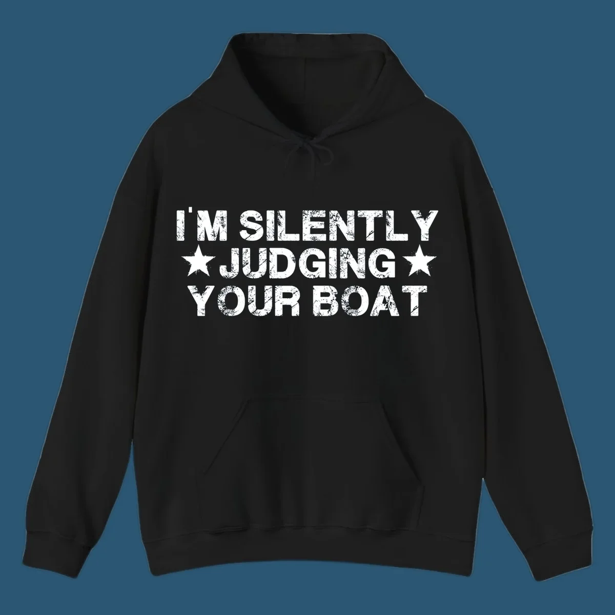 I'm Silently Judging Your Boat text design with distressed font and stars.