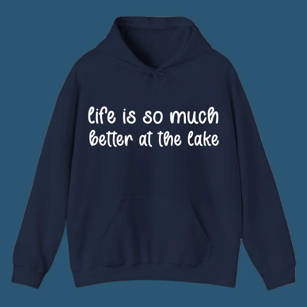 Typography design with the phrase "life is so much better at the lake" in a casual script font.