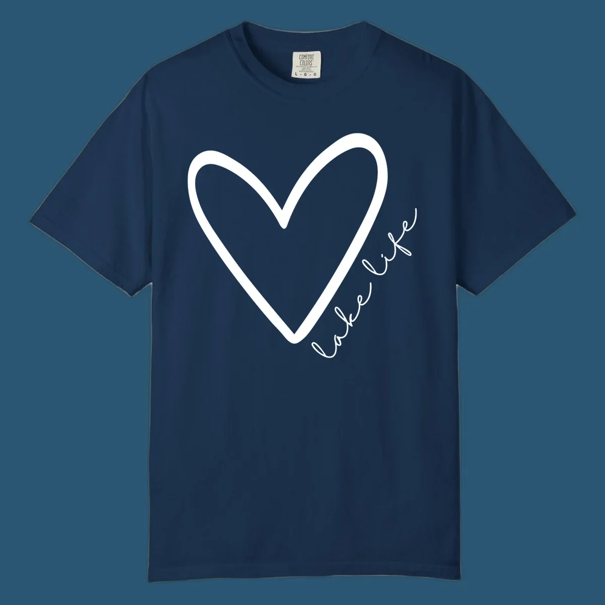 White heart outline with navy cursive 'lake life' text, lake-life-heart design.