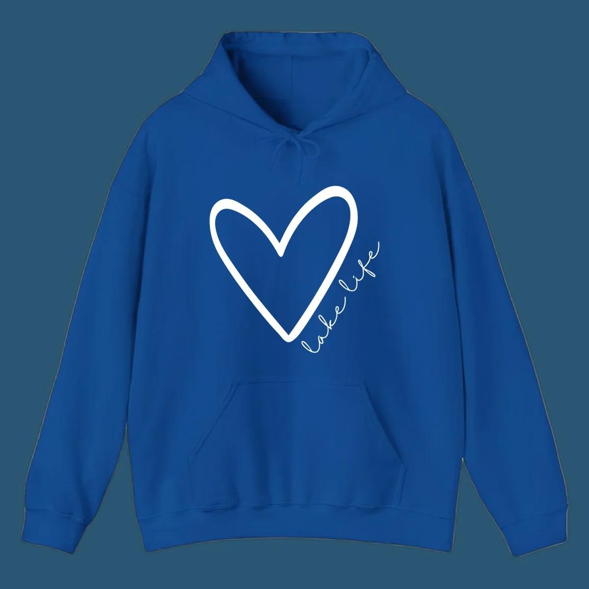 White heart outline with navy cursive 'lake life' text, lake-life-heart design.