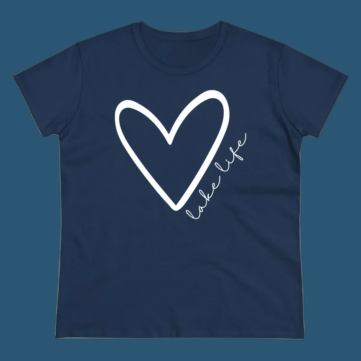 White heart outline with navy cursive 'lake life' text, lake-life-heart design.