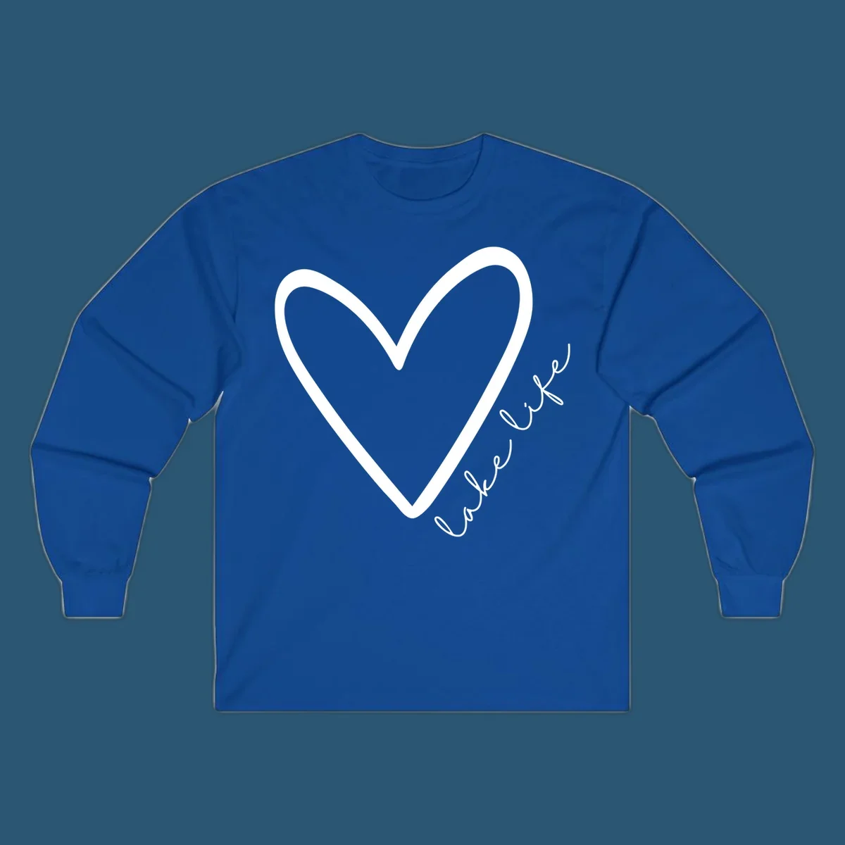 White heart outline with navy cursive 'lake life' text, lake-life-heart design.