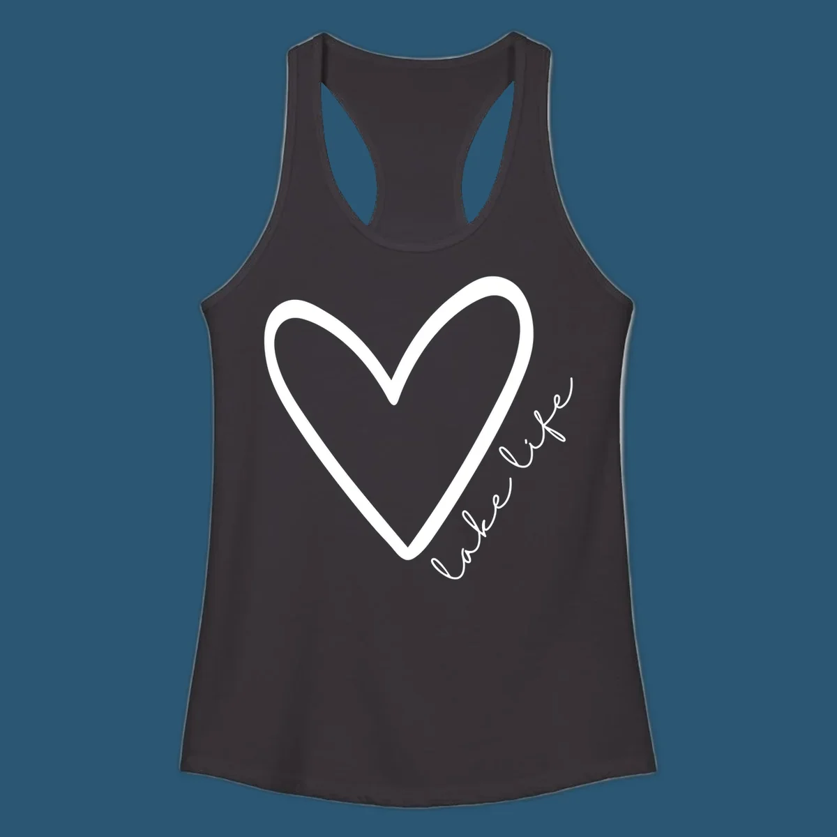White heart outline with navy cursive 'lake life' text, lake-life-heart design.