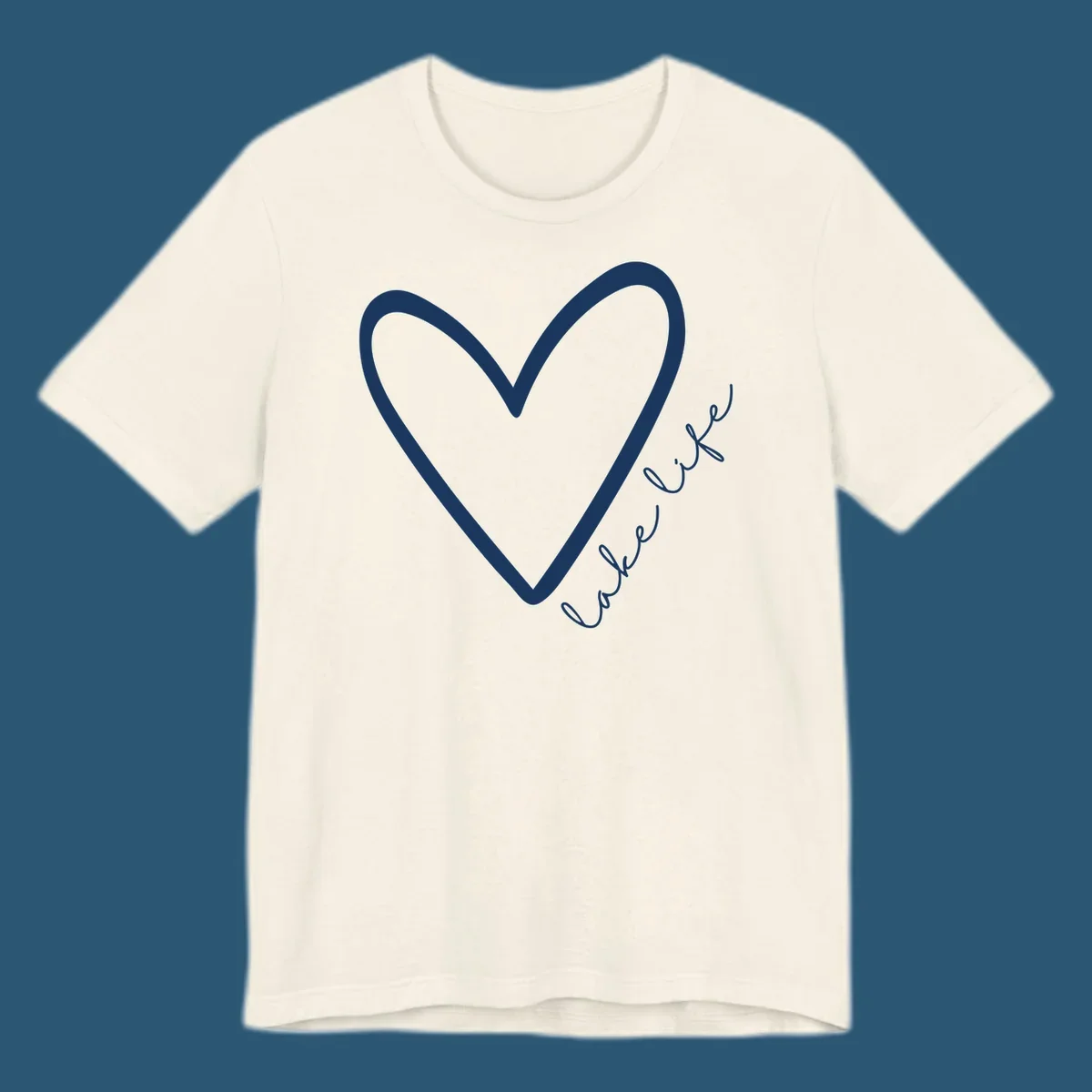 White heart outline with navy cursive 'lake life' text, lake-life-heart design.