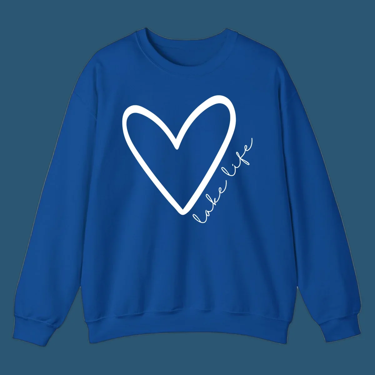 White heart outline with navy cursive 'lake life' text, lake-life-heart design.