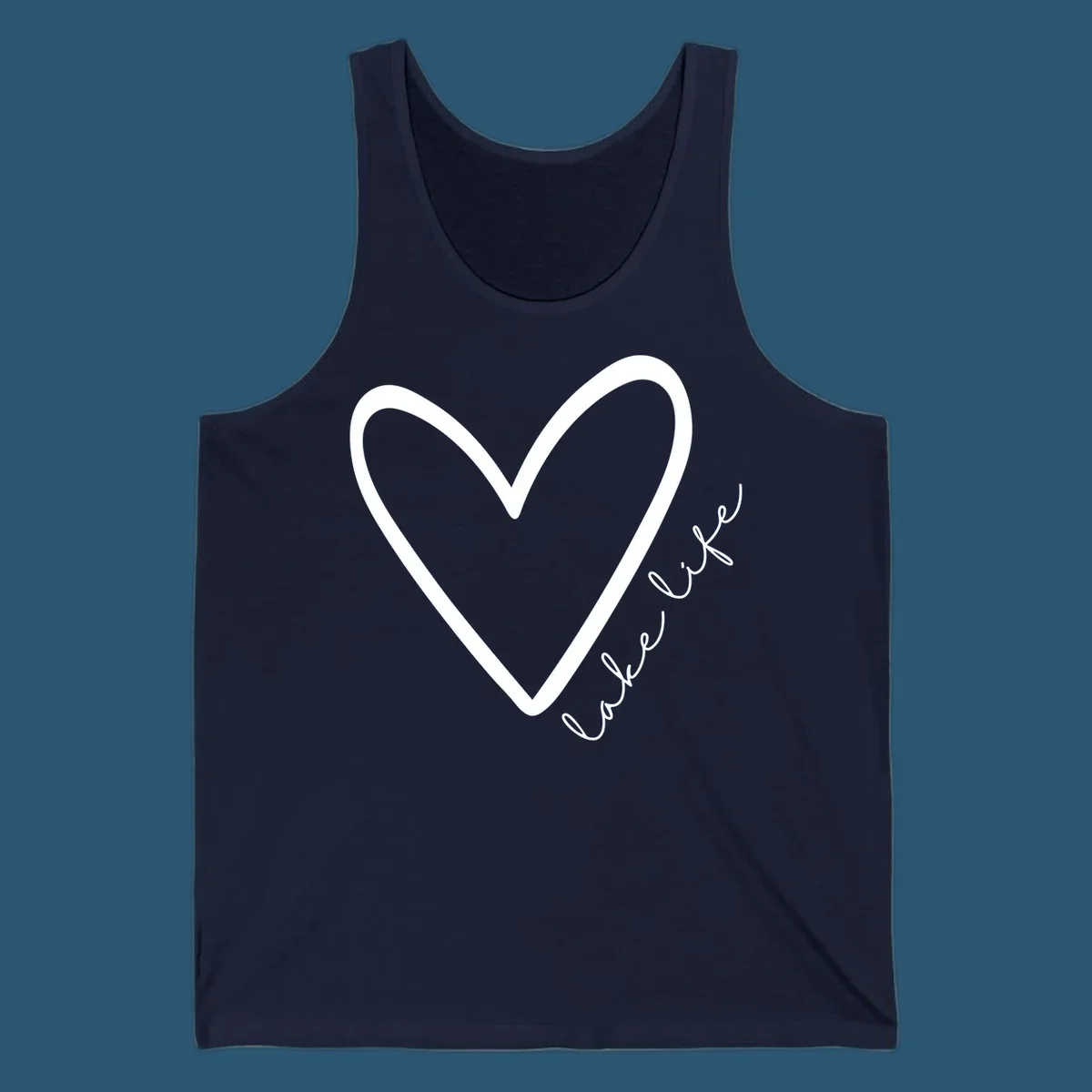 White heart outline with navy cursive 'lake life' text, lake-life-heart design.