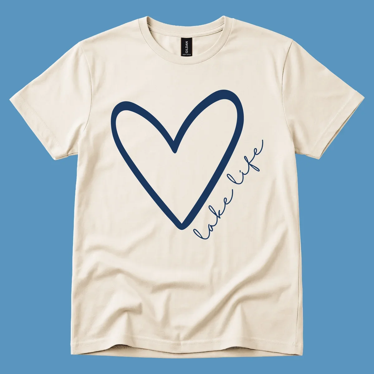White heart outline with navy cursive 'lake life' text, lake-life-heart design.