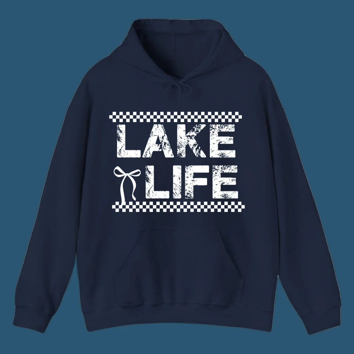 Lake Life text with bow accent and checkerboard border, distressed font.