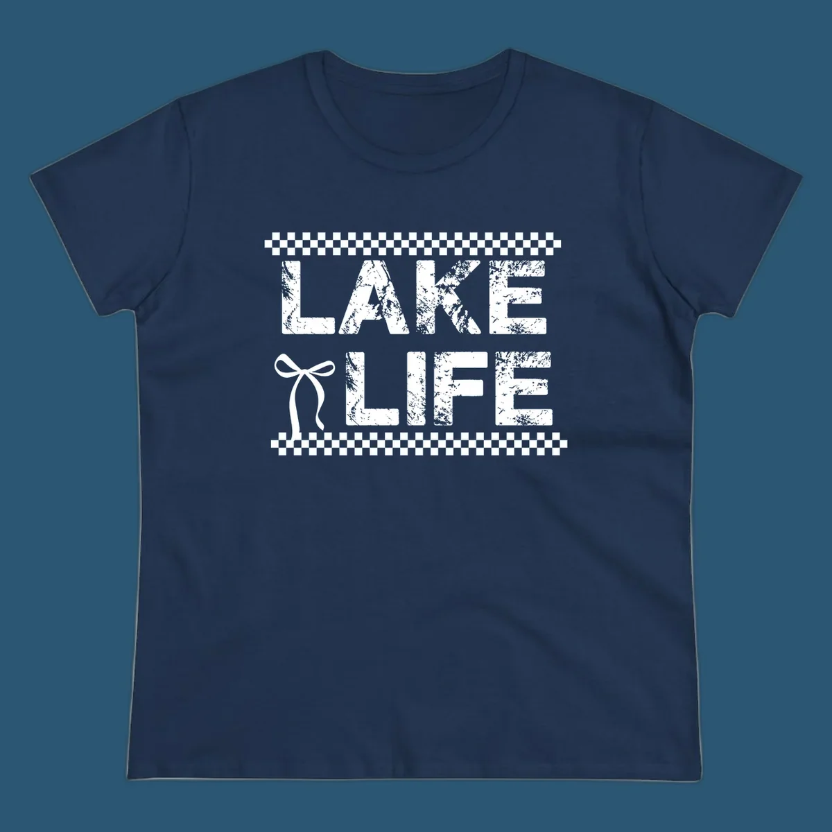 Lake Life text with bow accent and checkerboard border, distressed font.