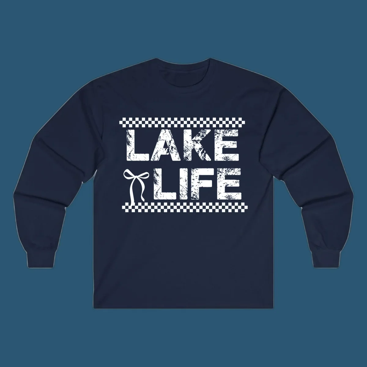 Lake Life text with bow accent and checkerboard border, distressed font.