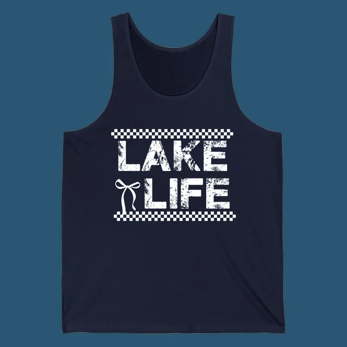 Lake Life text with bow accent and checkerboard border, distressed font.