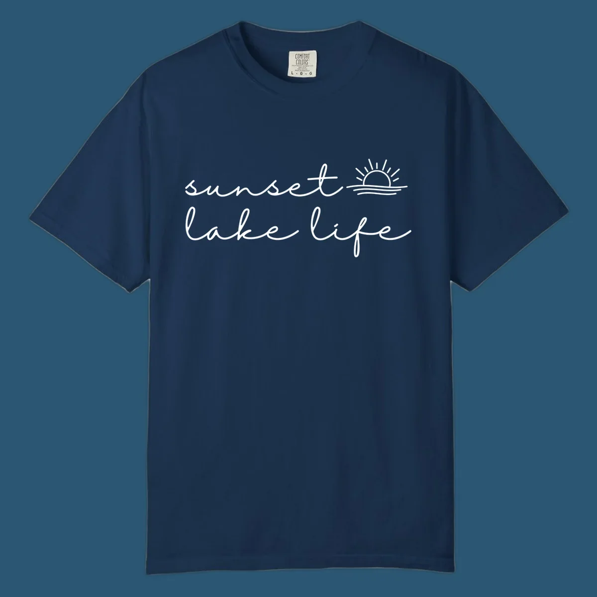 Sunset lake life script design with sun setting over water.